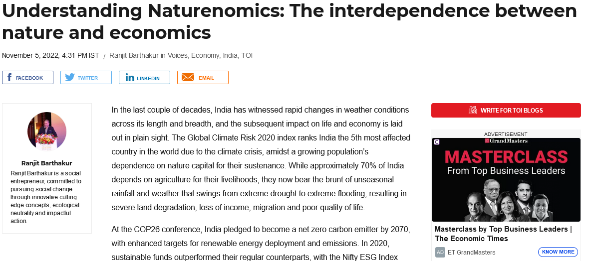 The Times of India : Understanding Naturenomics: The Interdependence between Nature and Economics